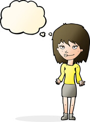 cartoon woman shrugging shoulders with thought bubble