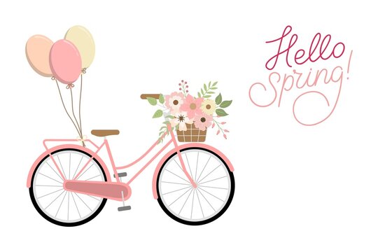 Hello Spring. Spring concept with flowers, bicycle, balloons and text. Greeting card.