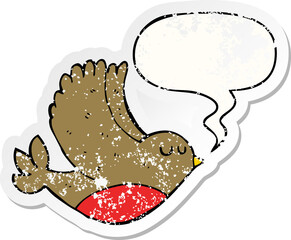 cartoon flying bird and speech bubble distressed sticker