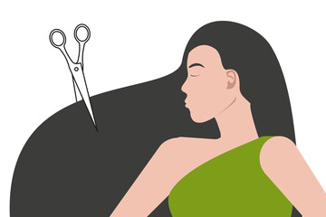 A brunette girl with long hair in profile with scissors in her hair. Vector illustration