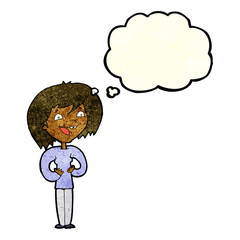 cartoon excited woman with thought bubble