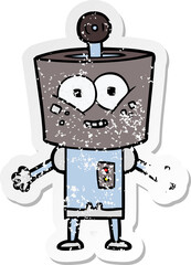 distressed sticker of a happy cartoon robot