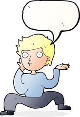 cartoon boy doing crazy dance with speech bubble