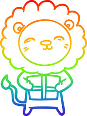 rainbow gradient line drawing cartoon lion with christmas present