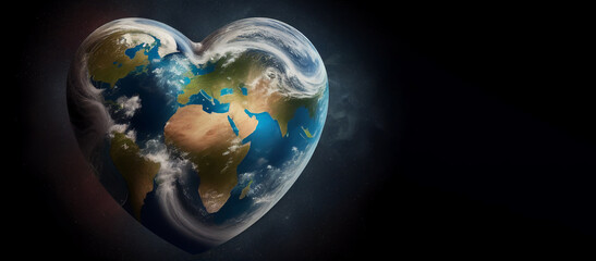 Earth day banner, world heart shape love planet view from space environment concept, copy space. Generative AI