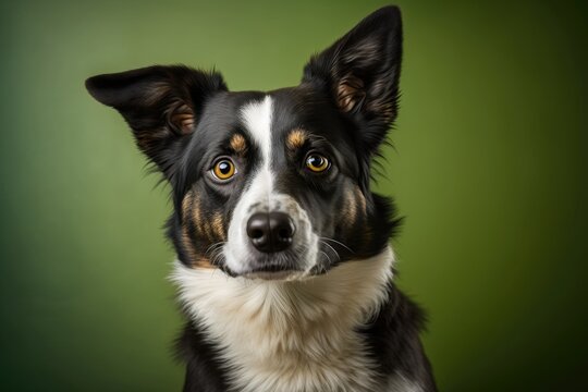 Studio shot of beautiful dog portrait on green background. Cute pet selective focus. Pet Lover concept . Pets indoors. Animals and pet care concept. Look at it from the front. dog studio . Generative