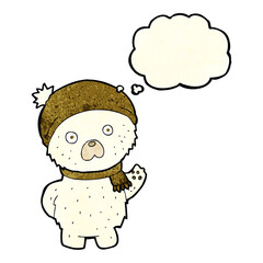cartoon cute polar bear in winter hat and scarf with thought bubble