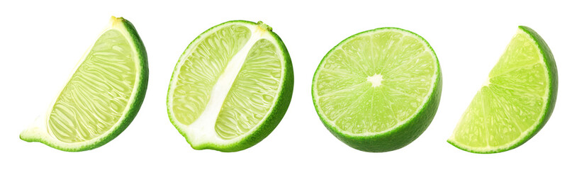 Fresh lime slice and half isolated, transparent png, collection, PNG format, cut out.