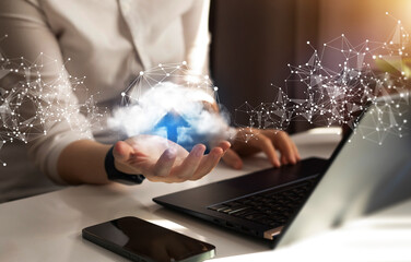 Big data center and future infrastructure. Polygonal wireframe cloud with connection. Business...