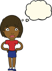 cartoon worried woman with thought bubble
