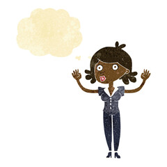 cartoon woman surrendering with thought bubble