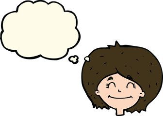 cartoon happy female face with thought bubble