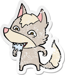 distressed sticker of a cartoon hungry wolf