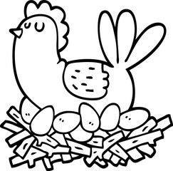 black and white cartoon chicken on nest of eggs
