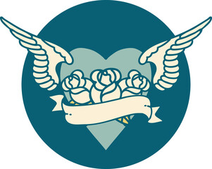 tattoo style icon of a heart with wings flowers and banner