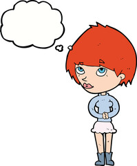 cartoon nervous woman with thought bubble
