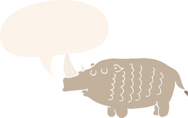 cartoon rhinoceros and speech bubble in retro style