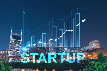 Panoramic view of Broadway district of Nashville over Cumberland River at illuminated night skyline, Tennessee, USA. Startup company, launch project to seek, develop scalable business model, hologram