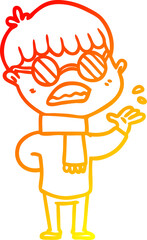 warm gradient line drawing cartoon boy wearing spectacles