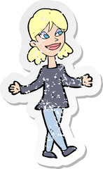 retro distressed sticker of a cartoon woman with no worries