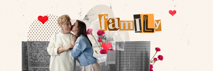 Contemporary art collage. Creative design. Lovely image of mother and daughter showing their love to each other. Concept of family, love, relationship, support. Mother's day. Banner. Postcard.
