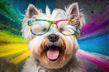 cheerful dog wearing clear glasses with colorful background, generative AI