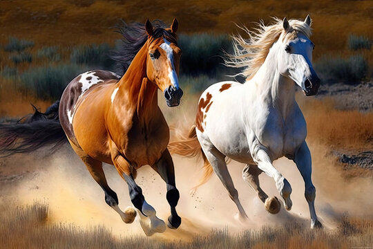 two painted horses running in a field, generative AI