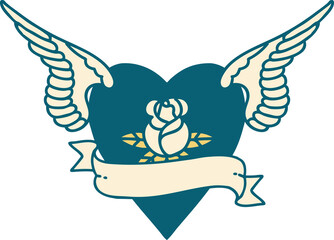 tattoo style icon of a heart with wings a rose and banner
