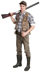 Young Hunter with Rifle on His Shoulder Isolated