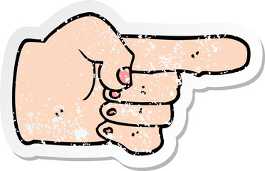 distressed sticker of a cartoon pointing hand