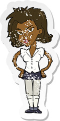 retro distressed sticker of a cartoon woman with hands on hips