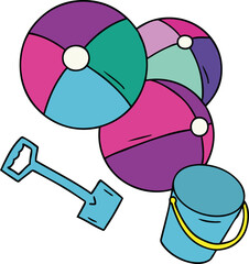 cartoon doodle beach balls with a bucket and spade