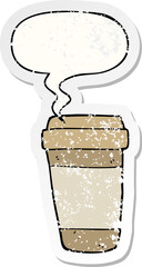 cartoon coffee cup and speech bubble distressed sticker