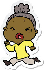 sticker of a cartoon angry old woman