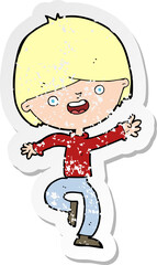 retro distressed sticker of a cartoon happy boy dancing