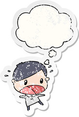 cartoon shocked man and thought bubble as a distressed worn sticker
