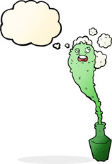 cartoon spooky ghost in bottle with thought bubble