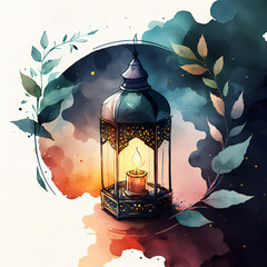 Painting of a lantern with leaf around it, digital illustration, ramadan kareem illustration background generated ai