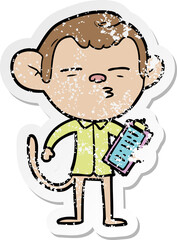 distressed sticker of a cartoon office monkey