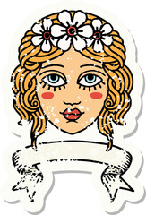 grunge sticker with banner of female face with crown of flowers
