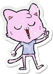 distressed sticker of a cartoon cat singing
