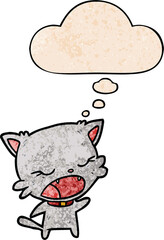 cartoon cat talking and thought bubble in grunge texture pattern style