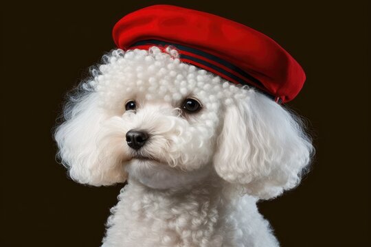 A classic piece of art that shows a dog. A small white Poodle wearing a beret against a red background. Generative AI