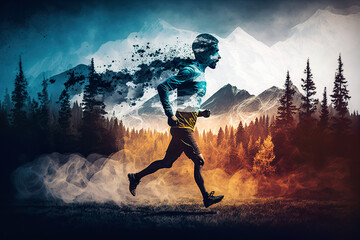 Running outdoors, in nature in the fresh air. Nature gives you extra strength. AI generated illustration.