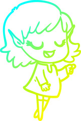 cold gradient line drawing happy cartoon elf girl pointing