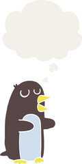 cartoon penguin and thought bubble in retro style