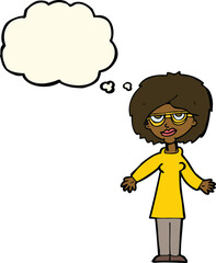 cartoon woman wearing glasses with thought bubble