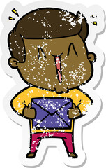 distressed sticker of a cartoon excited man
