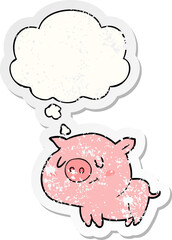 cartoon pig and thought bubble as a distressed worn sticker