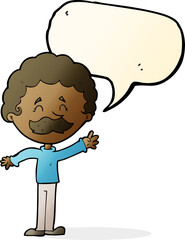 cartoon man with mustache waving with speech bubble